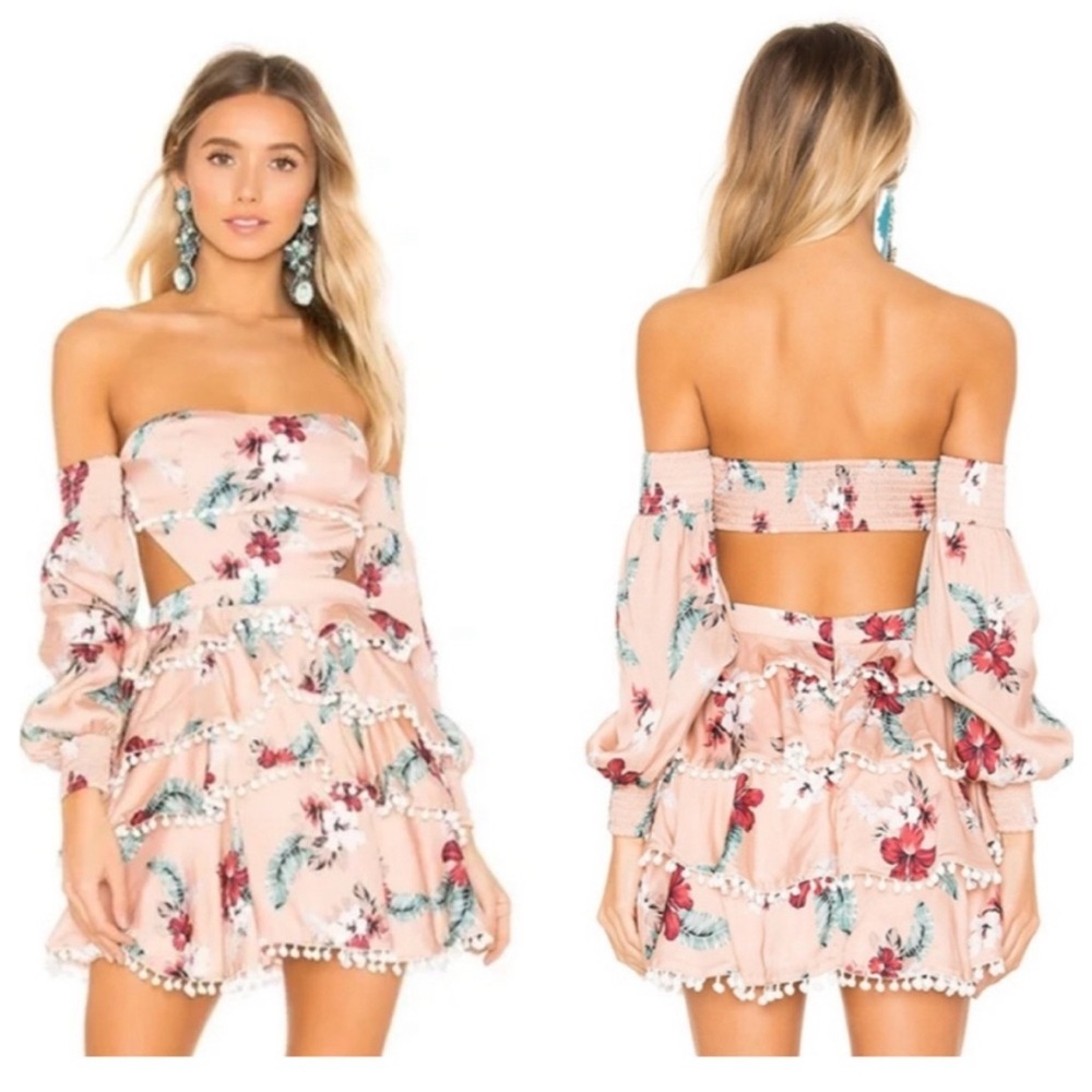 Majorelle soho tropical print off shoulder cutout pom ruffle mini dress.small